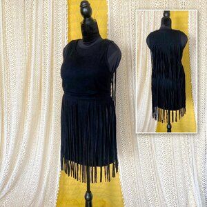🦋 5 for $25 Boho Black Fringed Faux Suede Sleeveless Mini Party Dress L